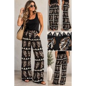 Andrea Jovine Vintage Leaf Print Rayon Pants Black Brown High Waist Small